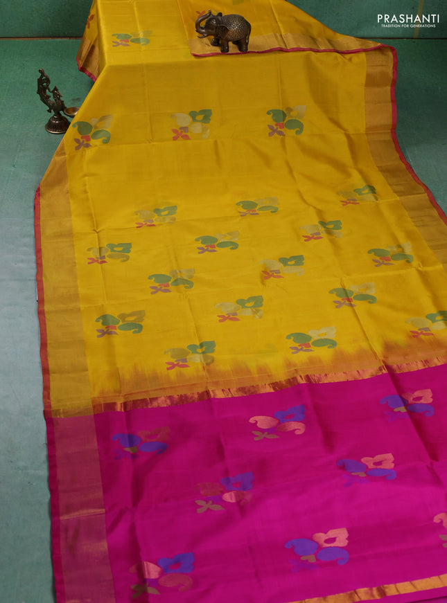 Pure uppada silk saree yellow and pink with jamdhani buttas and jamdhani weaving pallu