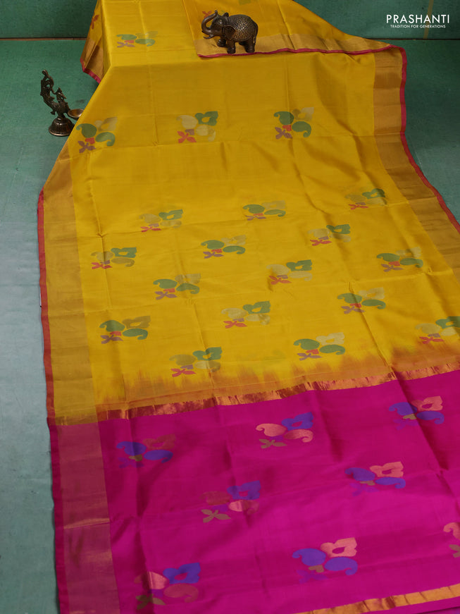 Pure uppada silk saree yellow and pink with jamdhani buttas and jamdhani weaving pallu