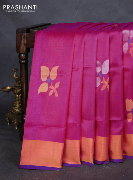 Pure uppada silk saree pink and blue with floral jamdhani buttas and jamdhani weaving pallu