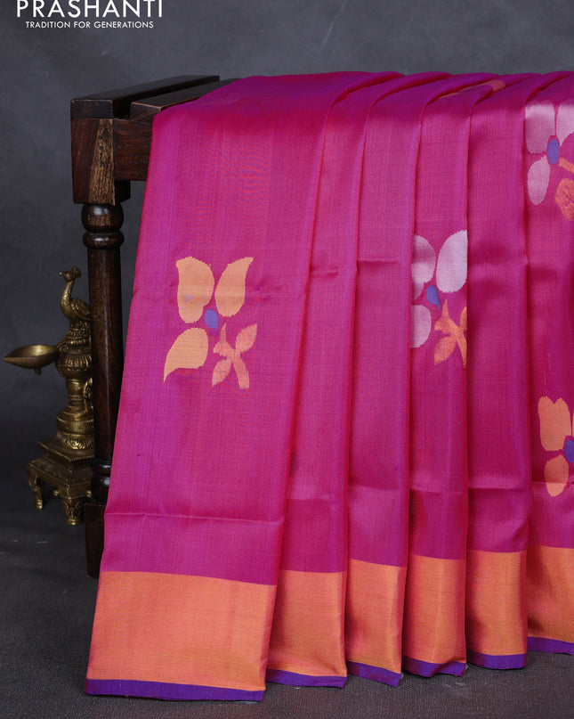 Pure uppada silk saree pink and blue with floral jamdhani buttas and jamdhani weaving pallu