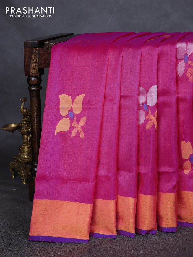 Pure uppada silk saree pink and blue with floral jamdhani buttas and jamdhani weaving pallu