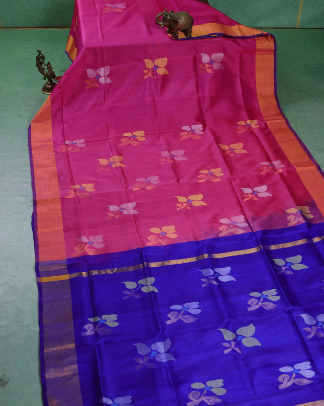 Pure uppada silk saree pink and blue with floral jamdhani buttas and jamdhani weaving pallu
