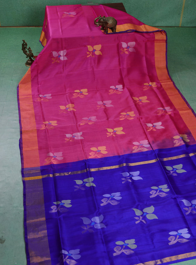 Pure uppada silk saree pink and blue with floral jamdhani buttas and jamdhani weaving pallu
