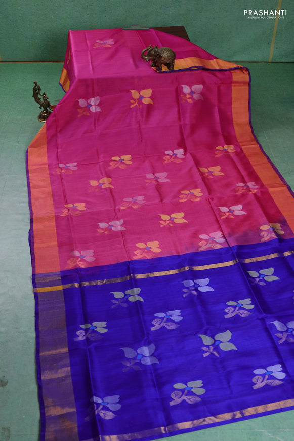 Pure uppada silk saree pink and blue with floral jamdhani buttas and jamdhani weaving pallu
