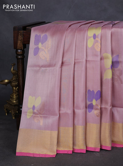 Pure uppada silk saree pastel peach shade and pink with floral jamdhani buttas and jamdhani weaving pallu