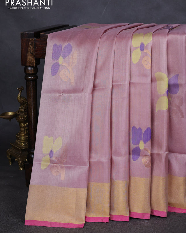 Pure uppada silk saree pastel peach shade and pink with floral jamdhani buttas and jamdhani weaving pallu