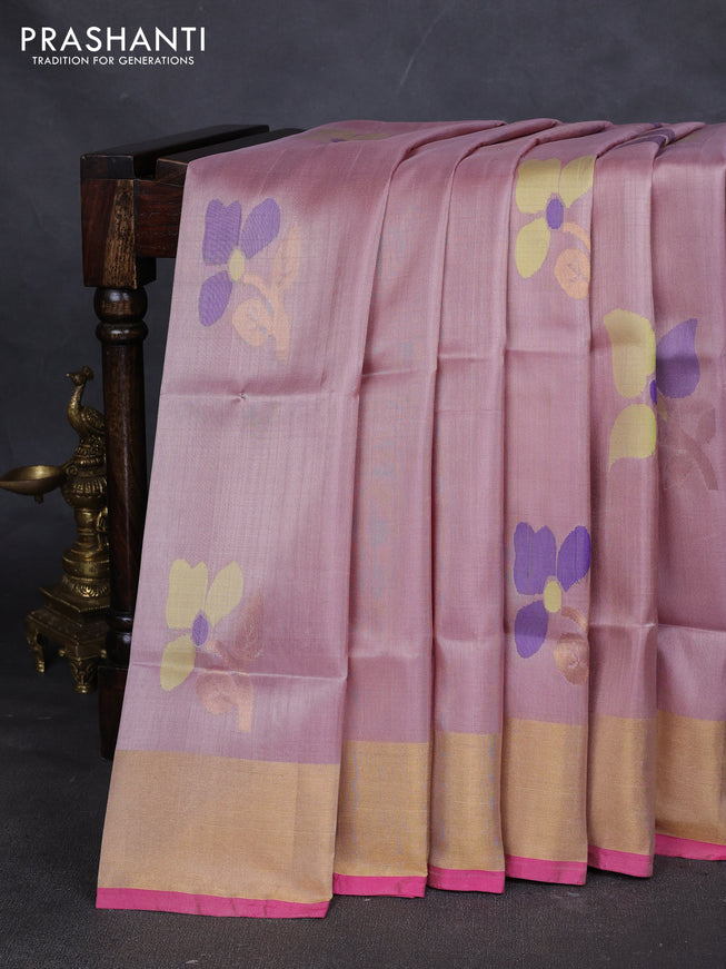 Pure uppada silk saree pastel peach shade and pink with floral jamdhani buttas and jamdhani weaving pallu