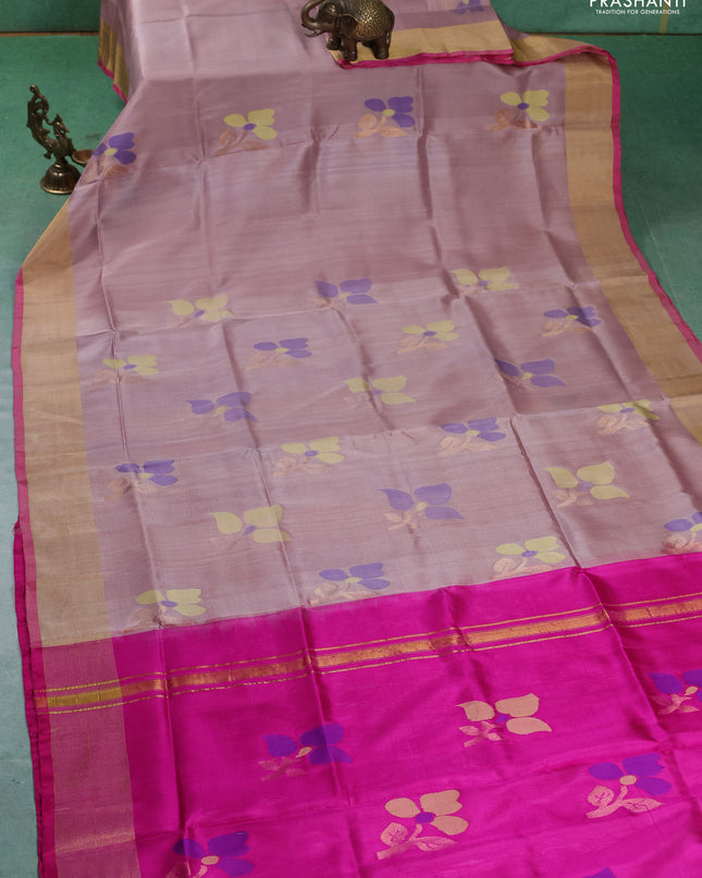 Pure uppada silk saree pastel peach shade and pink with floral jamdhani buttas and jamdhani weaving pallu