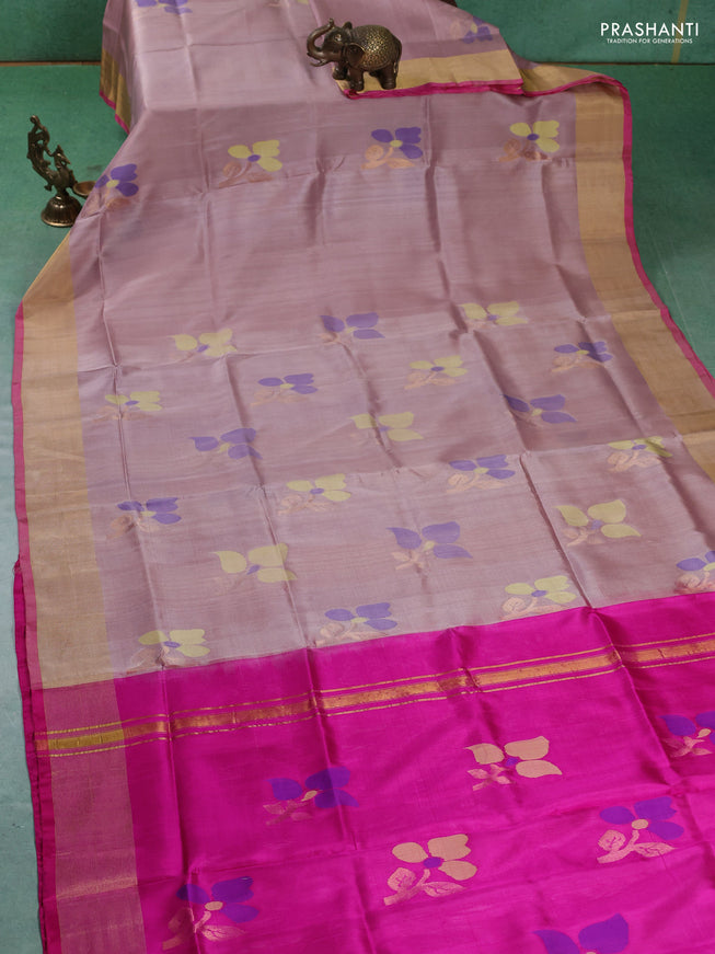 Pure uppada silk saree pastel peach shade and pink with floral jamdhani buttas and jamdhani weaving pallu
