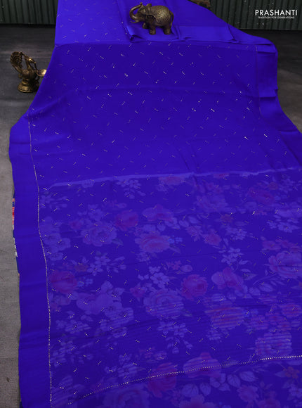 Pure chiffon silk saree royal blue with buttas and satin border & digital printed blouse