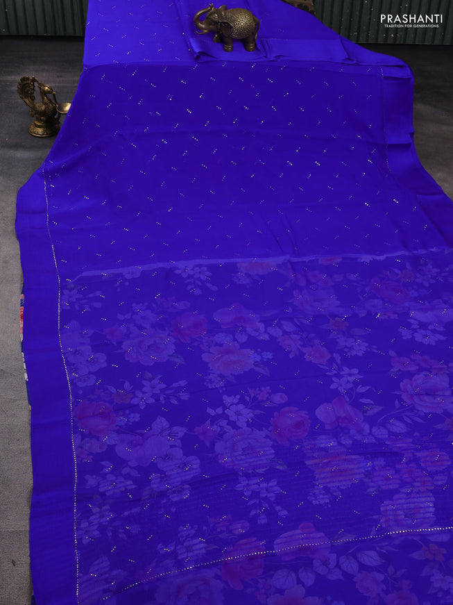 Pure chiffon silk saree royal blue with buttas and satin border & digital printed blouse