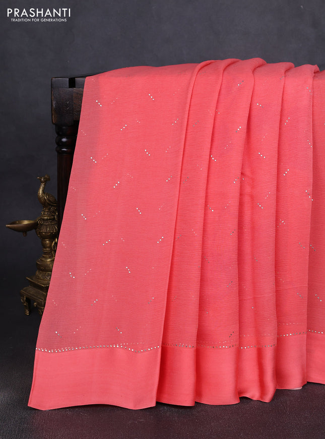 Pure chiffon silk saree peach shade with buttas and satin border & digital printed blouse