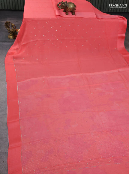 Pure chiffon silk saree peach shade with buttas and satin border & digital printed blouse