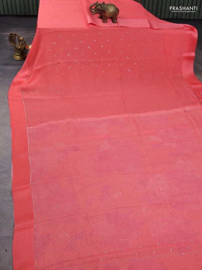 Pure chiffon silk saree peach shade with buttas and satin border & digital printed blouse