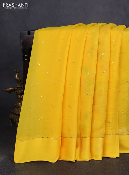 Pure chiffon silk saree yellow with buttas and satin border & digital printed blouse