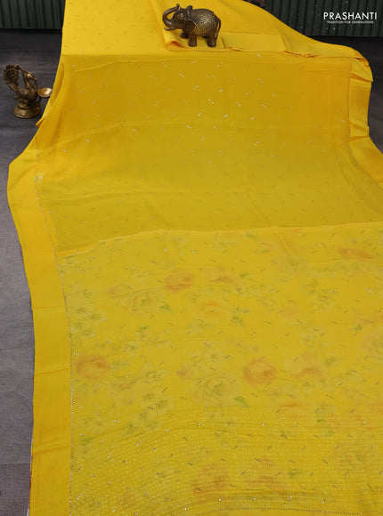 Pure chiffon silk saree yellow with buttas and satin border & digital printed blouse