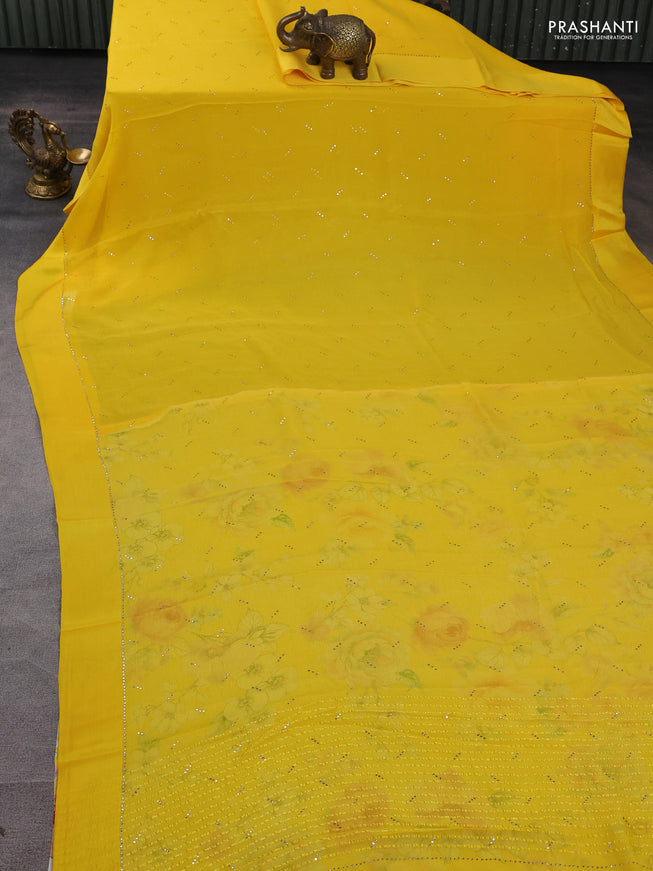 Pure chiffon silk saree yellow with buttas and satin border & digital printed blouse