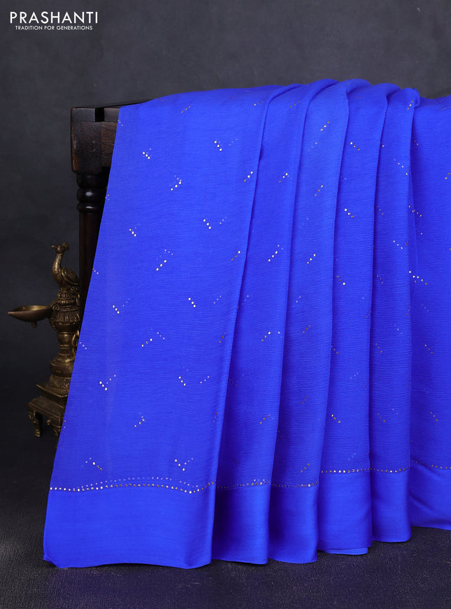Pure chiffon silk saree blue with buttas and satin border & digital printed blouse