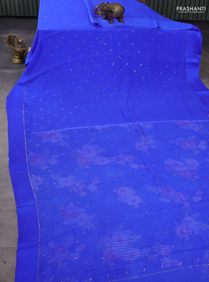 Pure chiffon silk saree blue with buttas and satin border & digital printed blouse