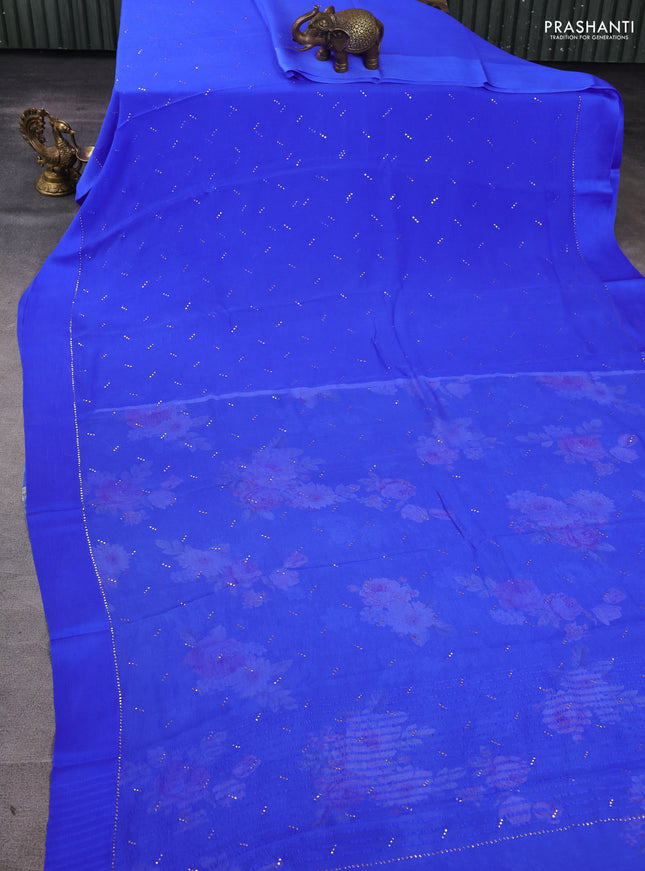 Pure chiffon silk saree blue with buttas and satin border & digital printed blouse