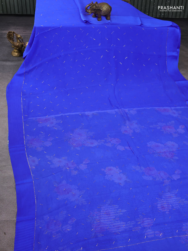 Pure chiffon silk saree blue with buttas and satin border & digital printed blouse