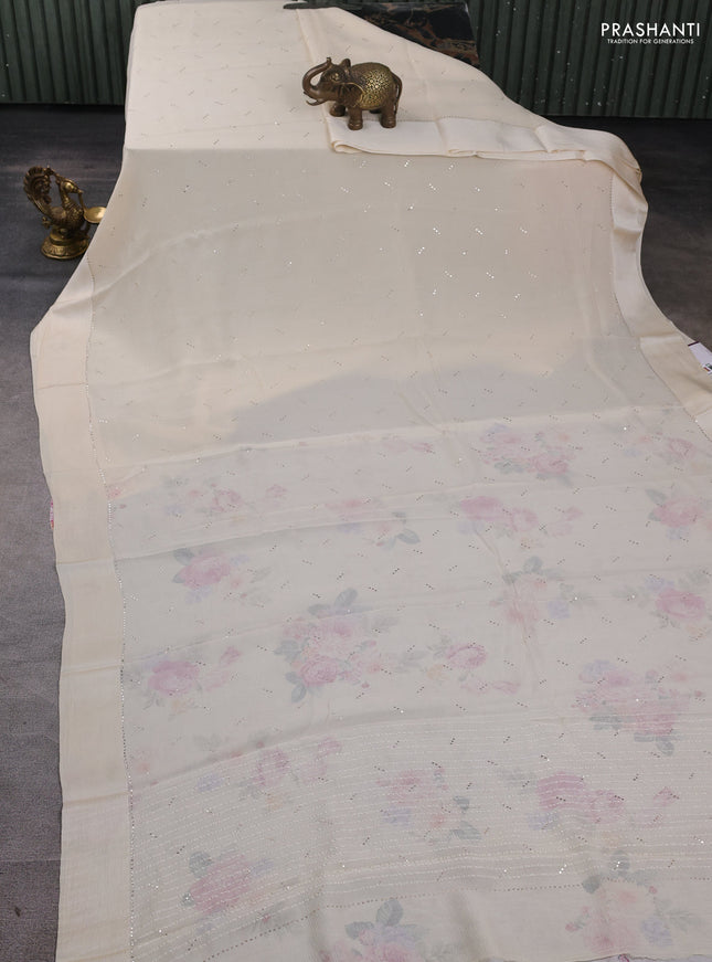 Pure chiffon silk saree cream with buttas and satin border & digital printed blouse