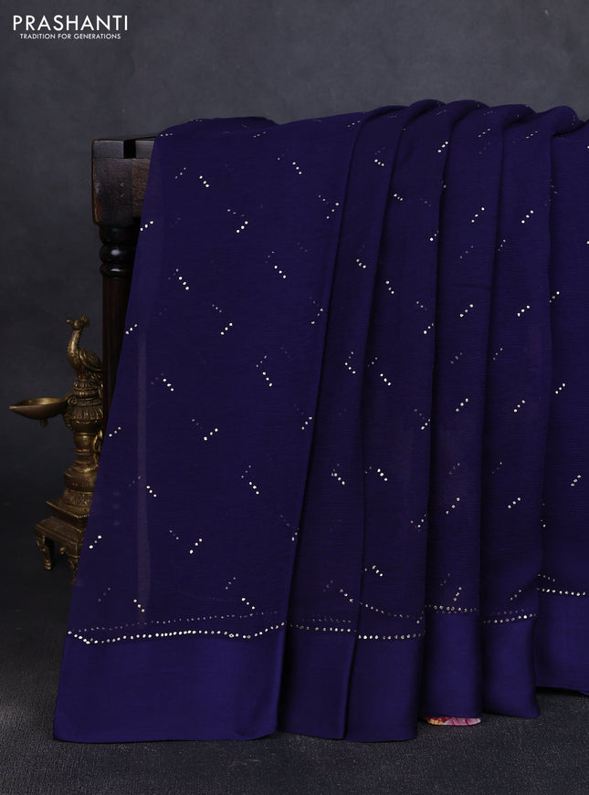 Pure chiffon silk saree navy blue with buttas and satin border & digital printed blouse