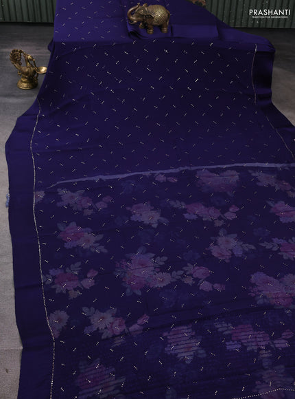 Pure chiffon silk saree navy blue with buttas and satin border & digital printed blouse