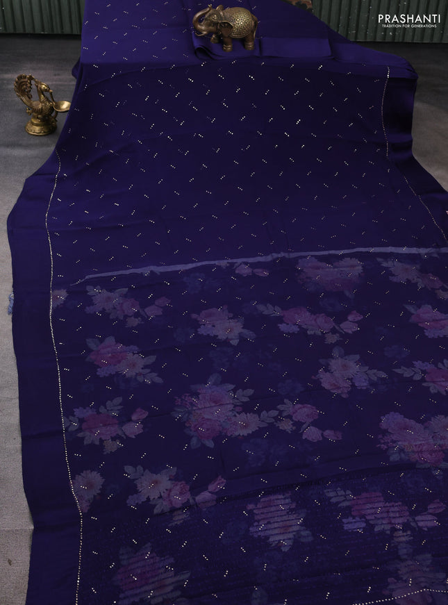 Pure chiffon silk saree navy blue with buttas and satin border & digital printed blouse