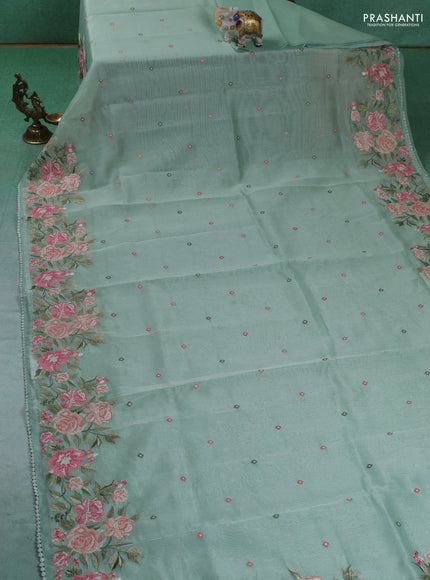 Chander tissue saree pastel green with embroidery work and floral embroidery border