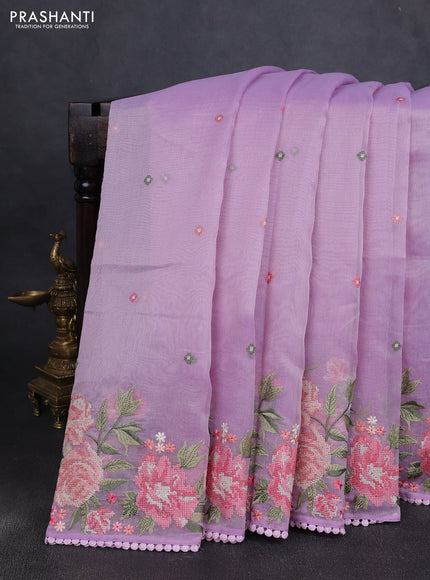 Chander tissue saree lavender with embroidery work and floral embroidery border