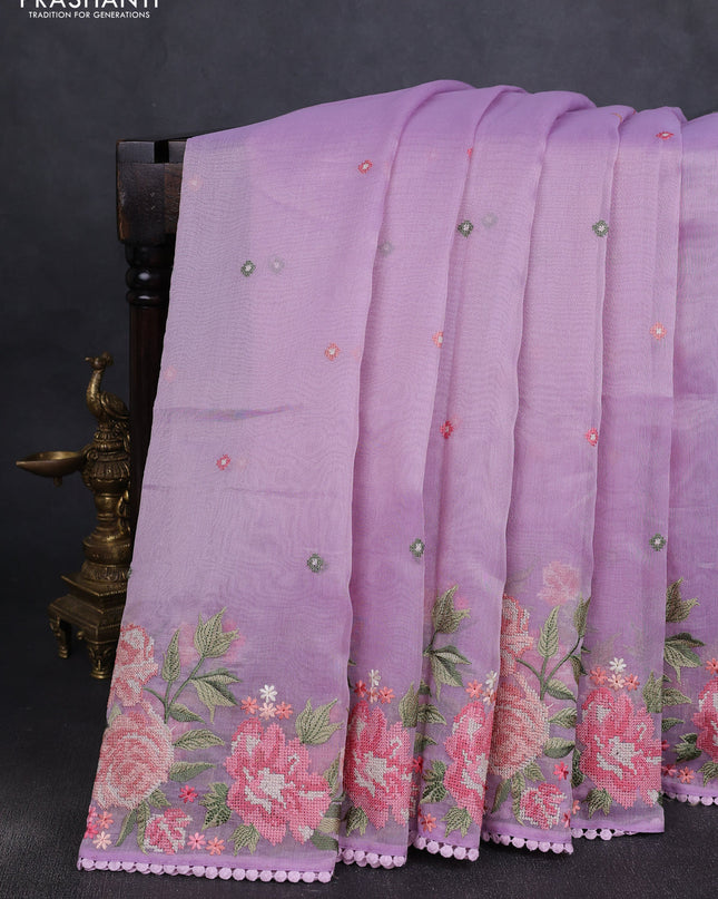 Chander tissue saree lavender with embroidery work and floral embroidery border