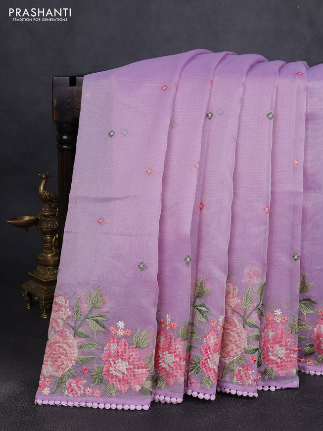 Chander tissue saree lavender with embroidery work and floral embroidery border