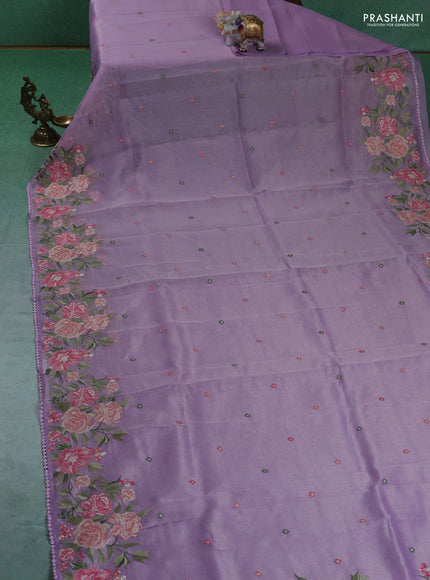 Chander tissue saree lavender with embroidery work and floral embroidery border