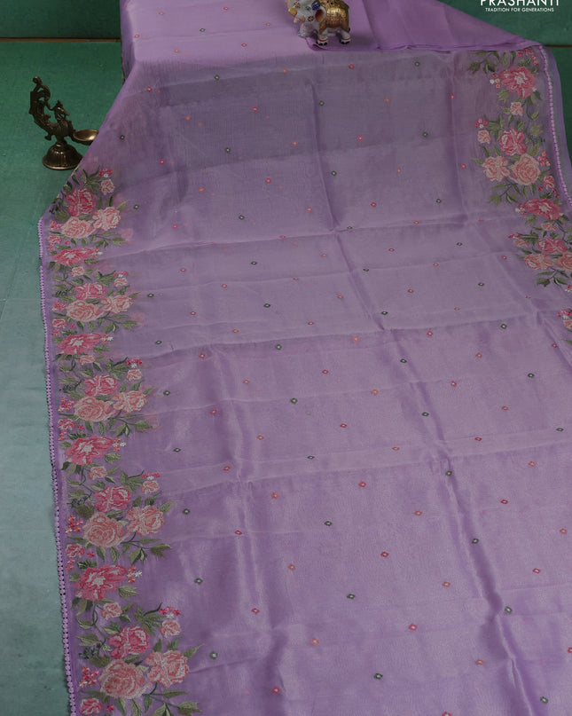 Chander tissue saree lavender with embroidery work and floral embroidery border