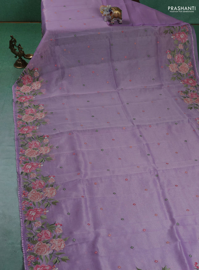 Chander tissue saree lavender with embroidery work and floral embroidery border