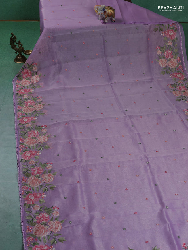 Chander tissue saree lavender with embroidery work and floral embroidery border