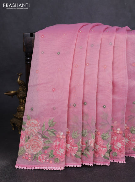 Chander tissue saree light pink with mirror embroidery work and floral embroidery border