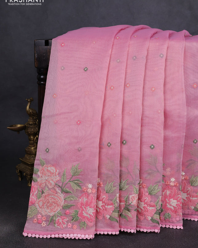 Chander tissue saree light pink with mirror embroidery work and floral embroidery border