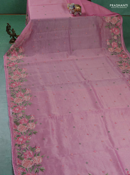Chander tissue saree light pink with mirror embroidery work and floral embroidery border