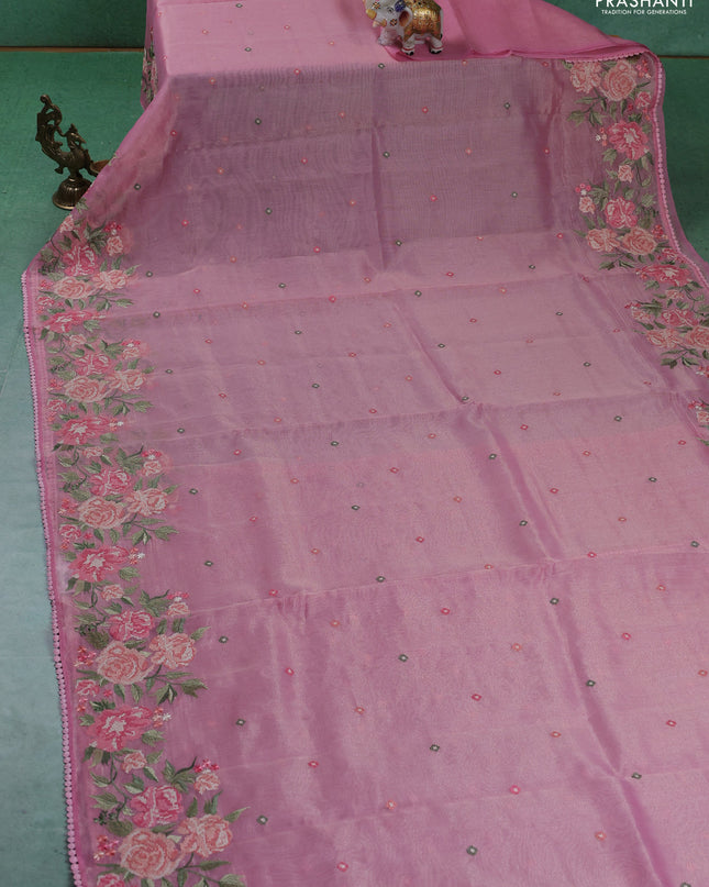Chander tissue saree light pink with mirror embroidery work and floral embroidery border