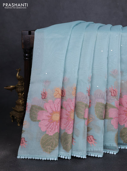Chander tissue saree teal blue with mirror embroidery work and floral embroidery border