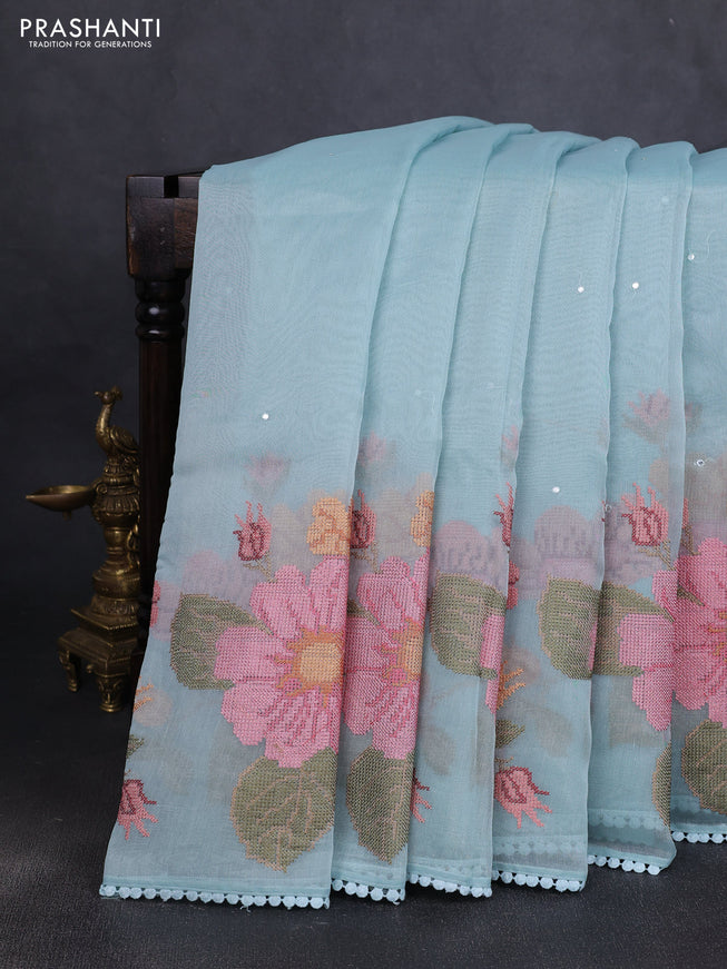 Chander tissue saree teal blue with mirror embroidery work and floral embroidery border