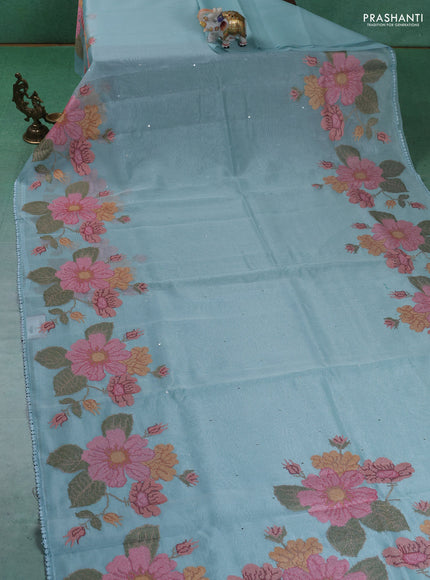 Chander tissue saree teal blue with mirror embroidery work and floral embroidery border