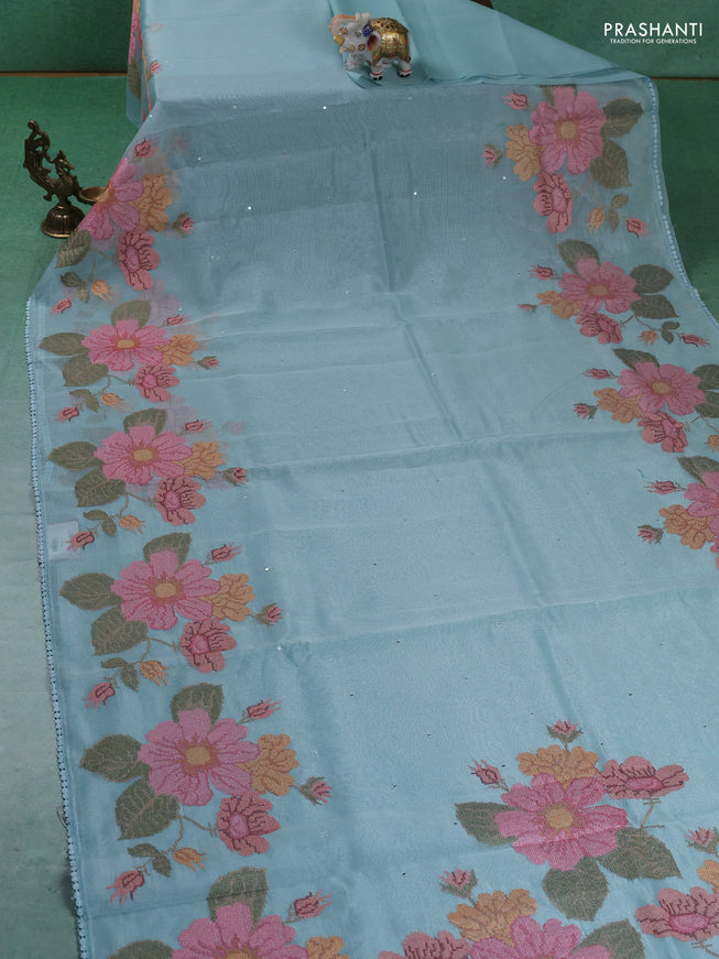 Chander tissue saree teal blue with mirror embroidery work and floral embroidery border