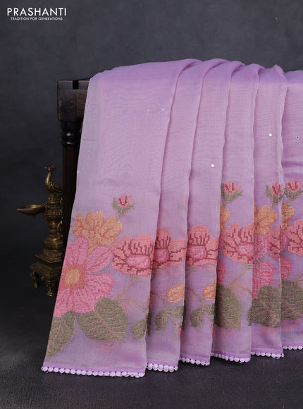 Chander tissue saree lavender with mirror embroidery work and floral embroidery border