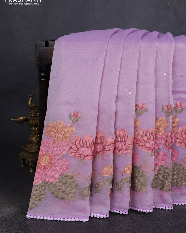 Chander tissue saree lavender with mirror embroidery work and floral embroidery border