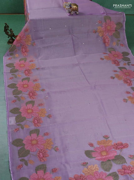 Chander tissue saree lavender with mirror embroidery work and floral embroidery border