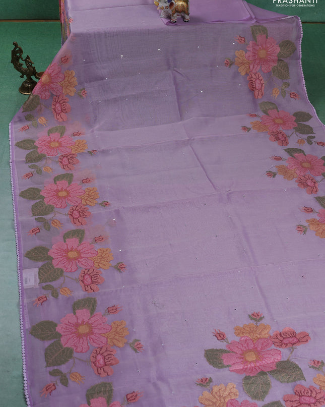 Chander tissue saree lavender with mirror embroidery work and floral embroidery border