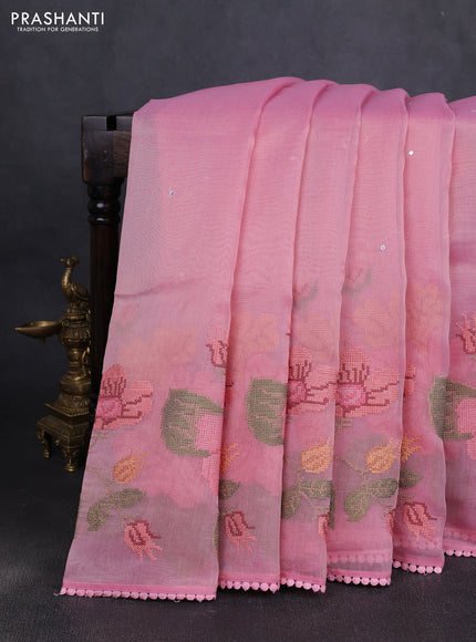 Chander tissue saree light pink with mirror embroidery work and floral embroidery border